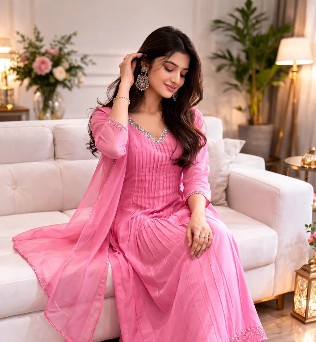 Candy Pink Pleated Georgette Salwar Suit with Embellished Net Dupatta - Image 4