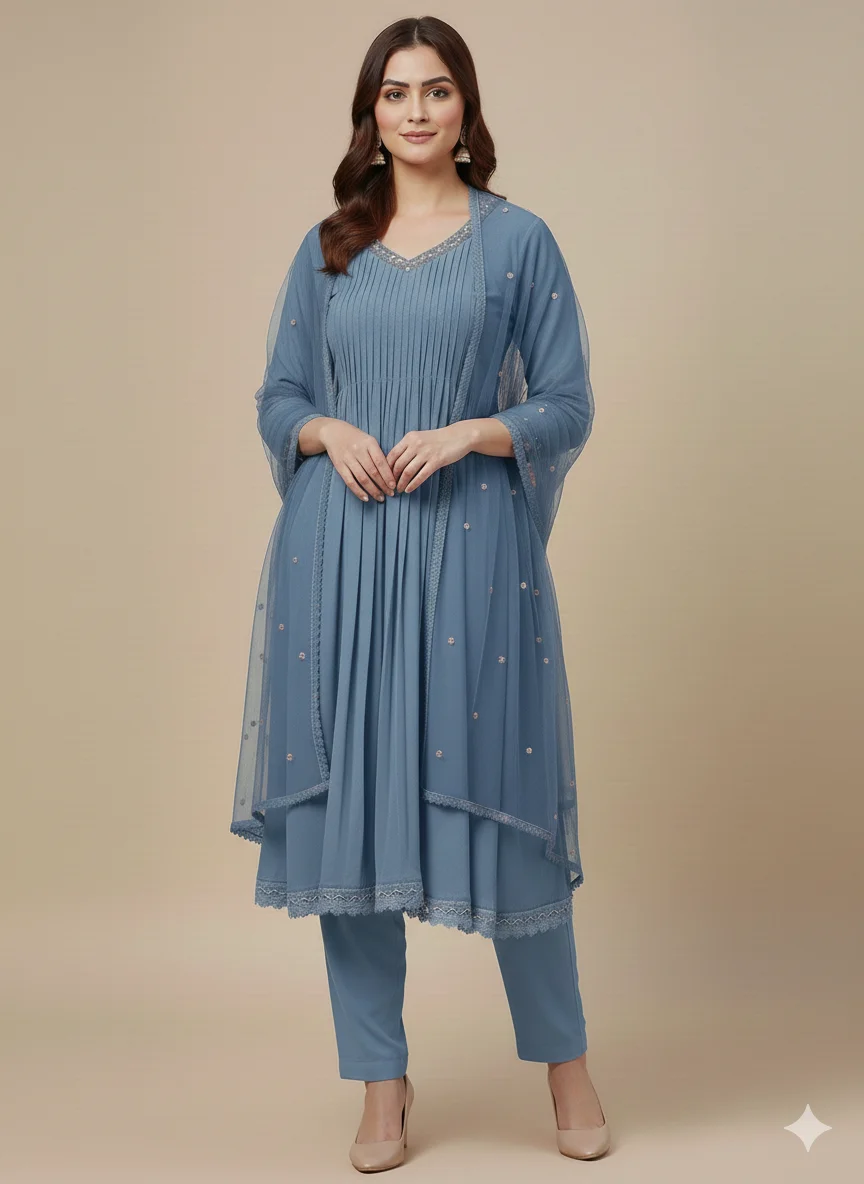 Steel Blue Pleated Georgette Salwar Suit with Embellished Net Dupatta
