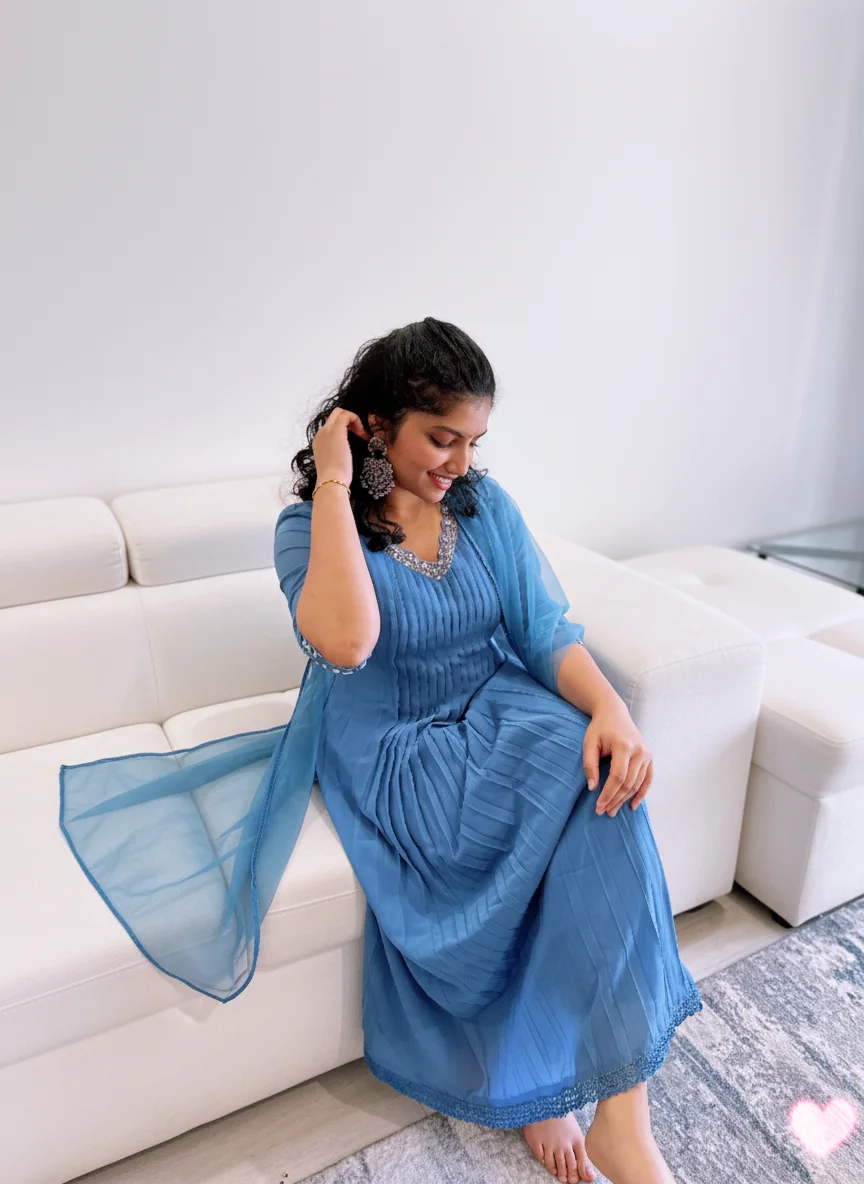 Steel Blue Pleated Georgette Salwar Suit with Embellished Net Dupatta - Image 3