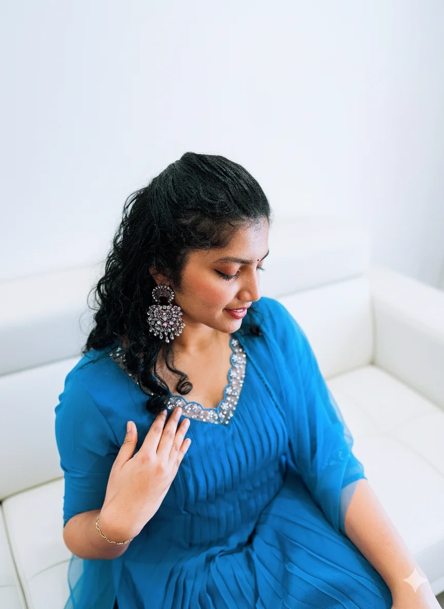 Steel Blue Pleated Georgette Salwar Suit with Embellished Net Dupatta - Image 2