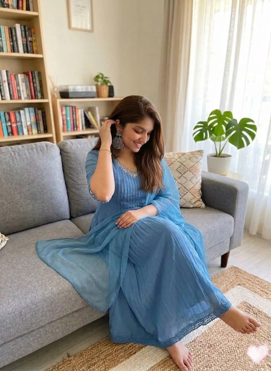 Steel Blue Pleated Georgette Salwar Suit with Embellished Net Dupatta