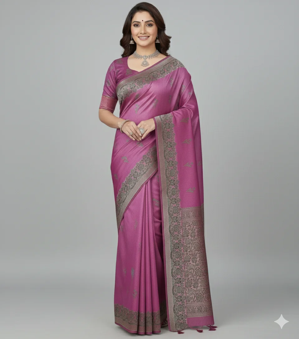 Mauve Georgette Saree with Intricate Silver Floral Border and Matching Blouse