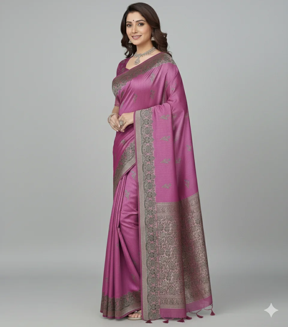 Mauve Georgette Saree with Intricate Silver Floral Border and Matching Blouse - Image 2