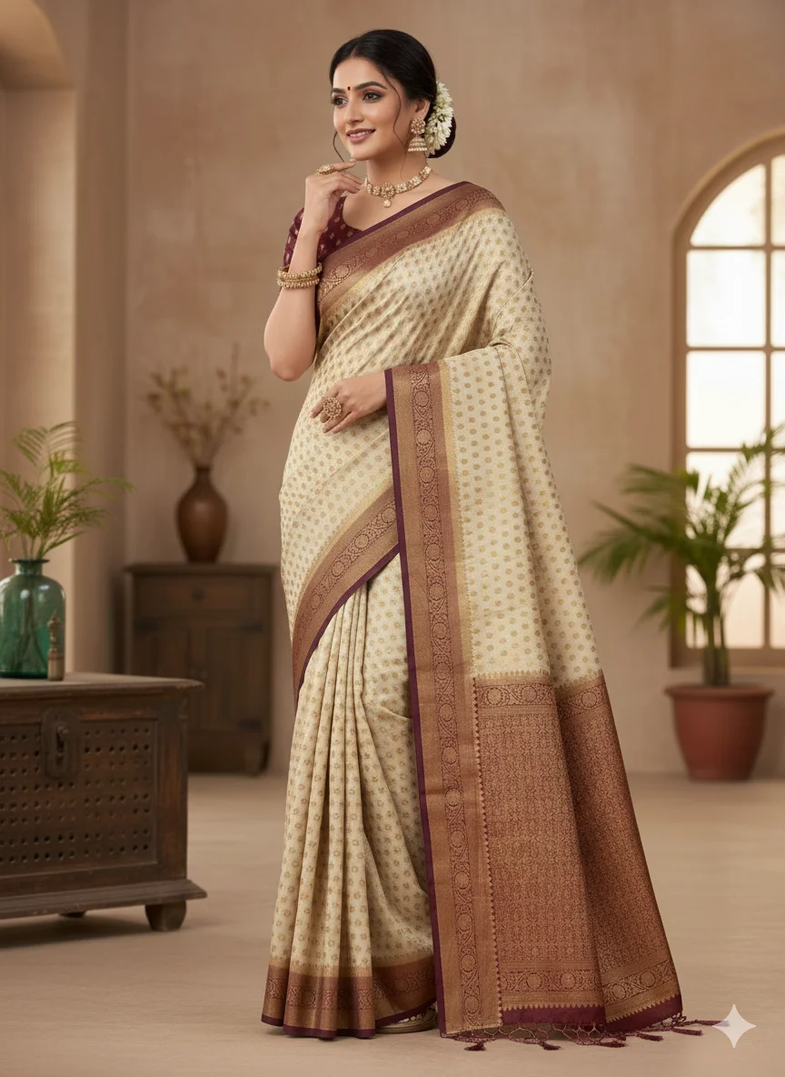 Cream Georgette Banarasi Saree with Wine Red Polka Dot Blouse and Zari Border - Image 2