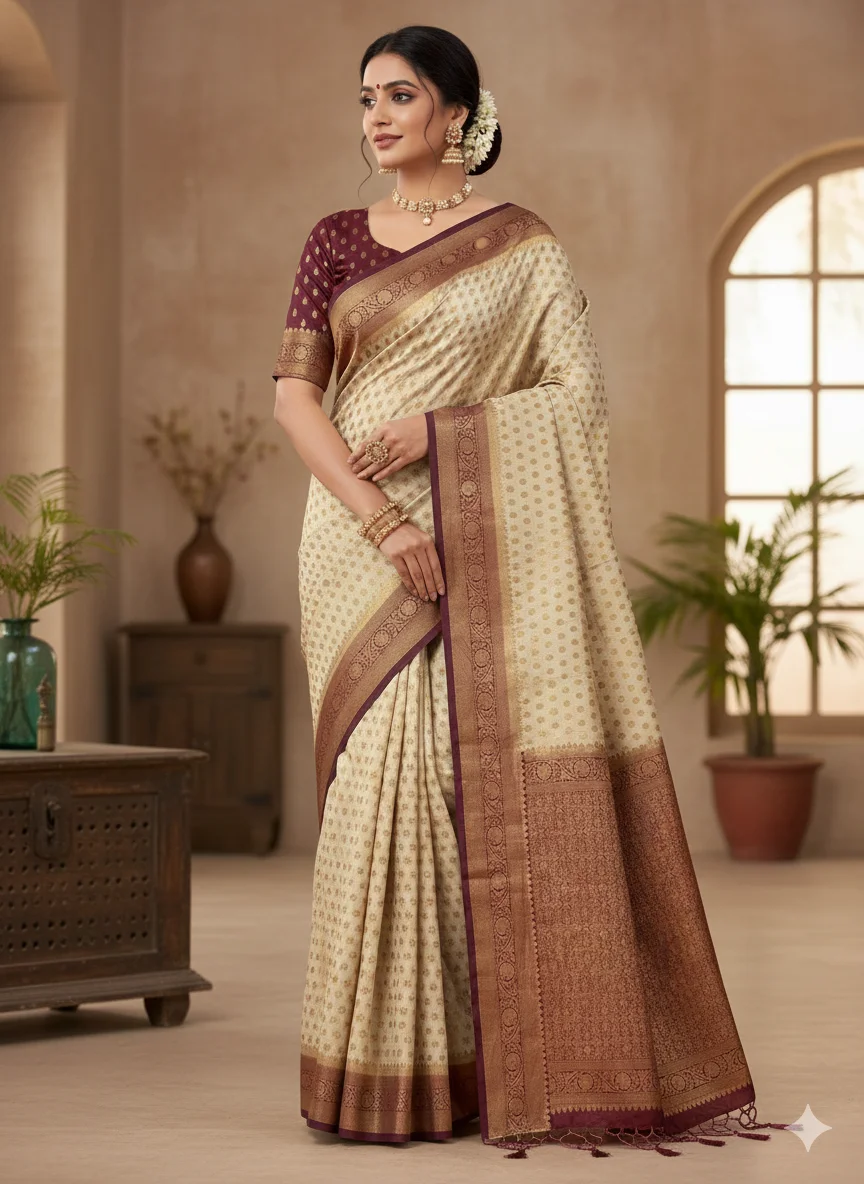 Cream Georgette Banarasi Saree with Wine Red Polka Dot Blouse and Zari Border