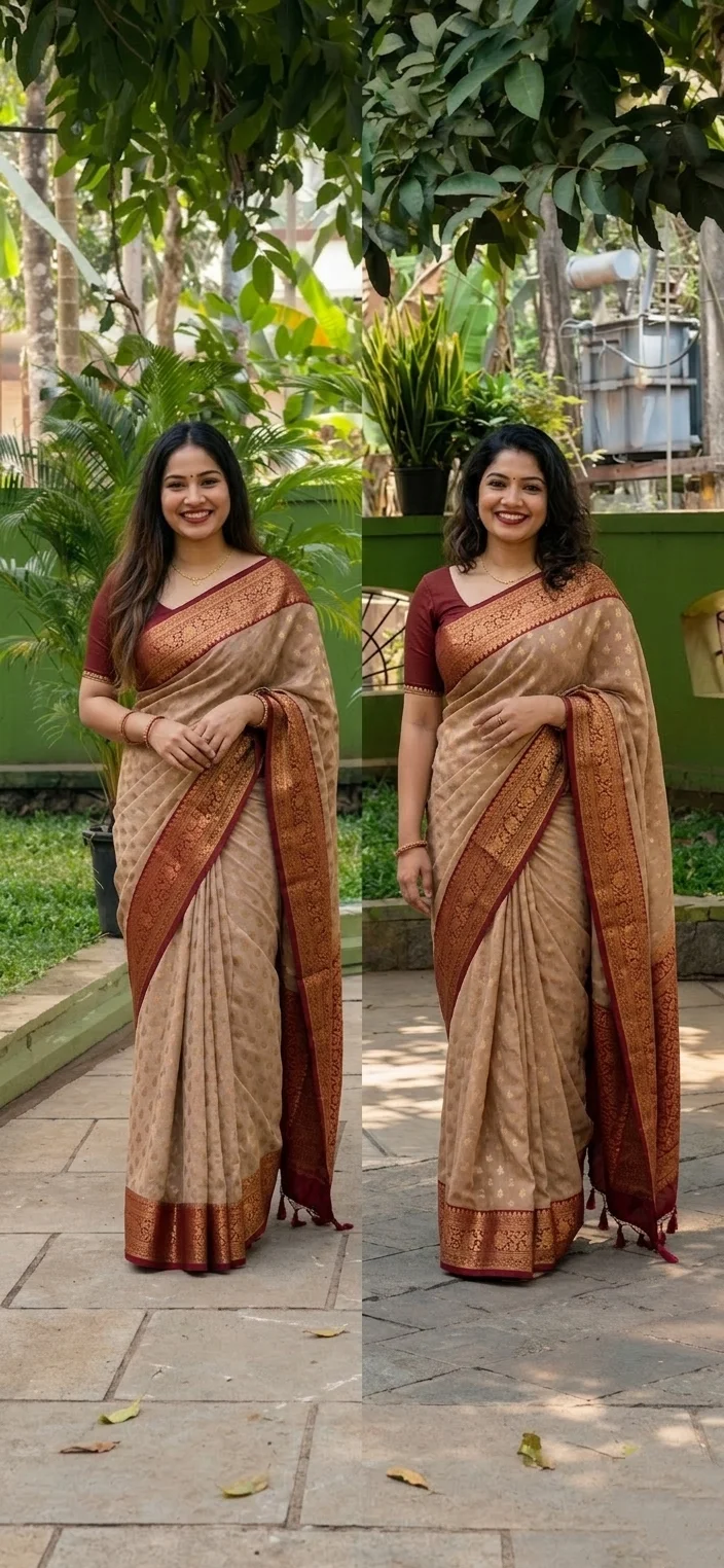 Cream Georgette Banarasi Saree with Wine Red Polka Dot Blouse and Zari Border - Image 3