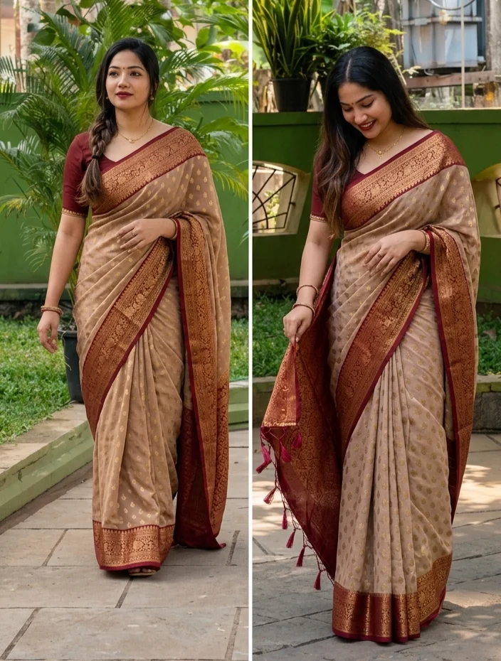 Cream Georgette Banarasi Saree with Wine Red Polka Dot Blouse and Zari Border