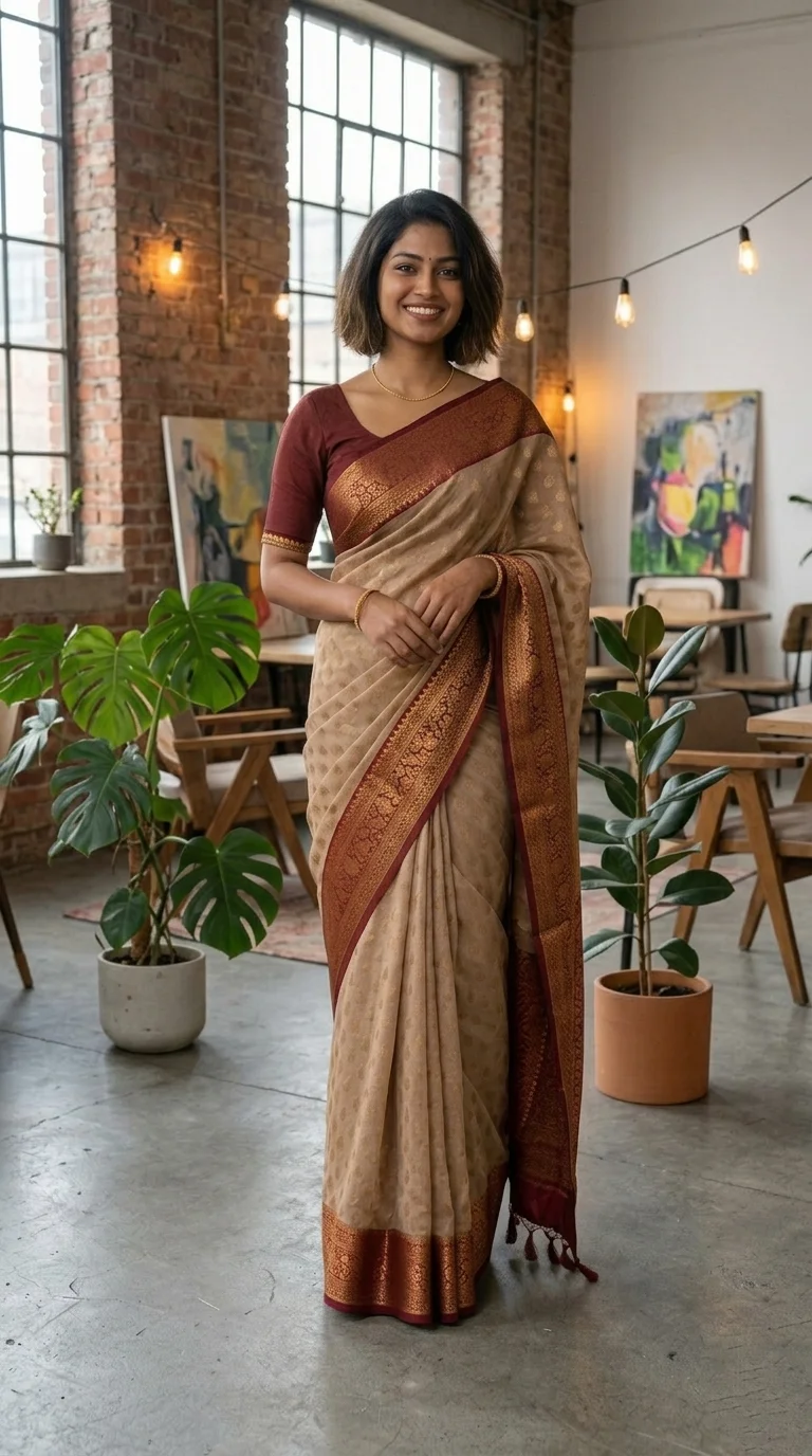 Cream Georgette Banarasi Saree with Wine Red Polka Dot Blouse and Zari Border - Image 2