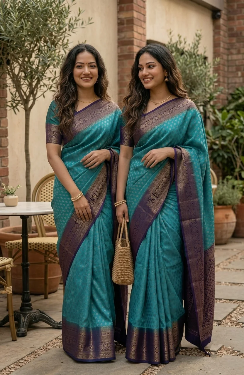 Sea Green Georgette Banarasi Saree with Navy Blue Floral Zari Border and Matching Blouse - Image 3