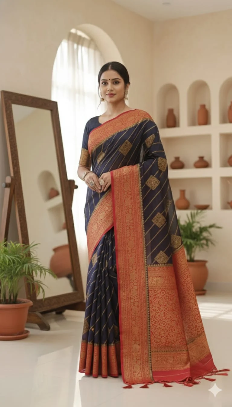 Navy Blue Chanderi Silk Saree with Copper Zari Border and Diagonal Striped Pattern - Image 3