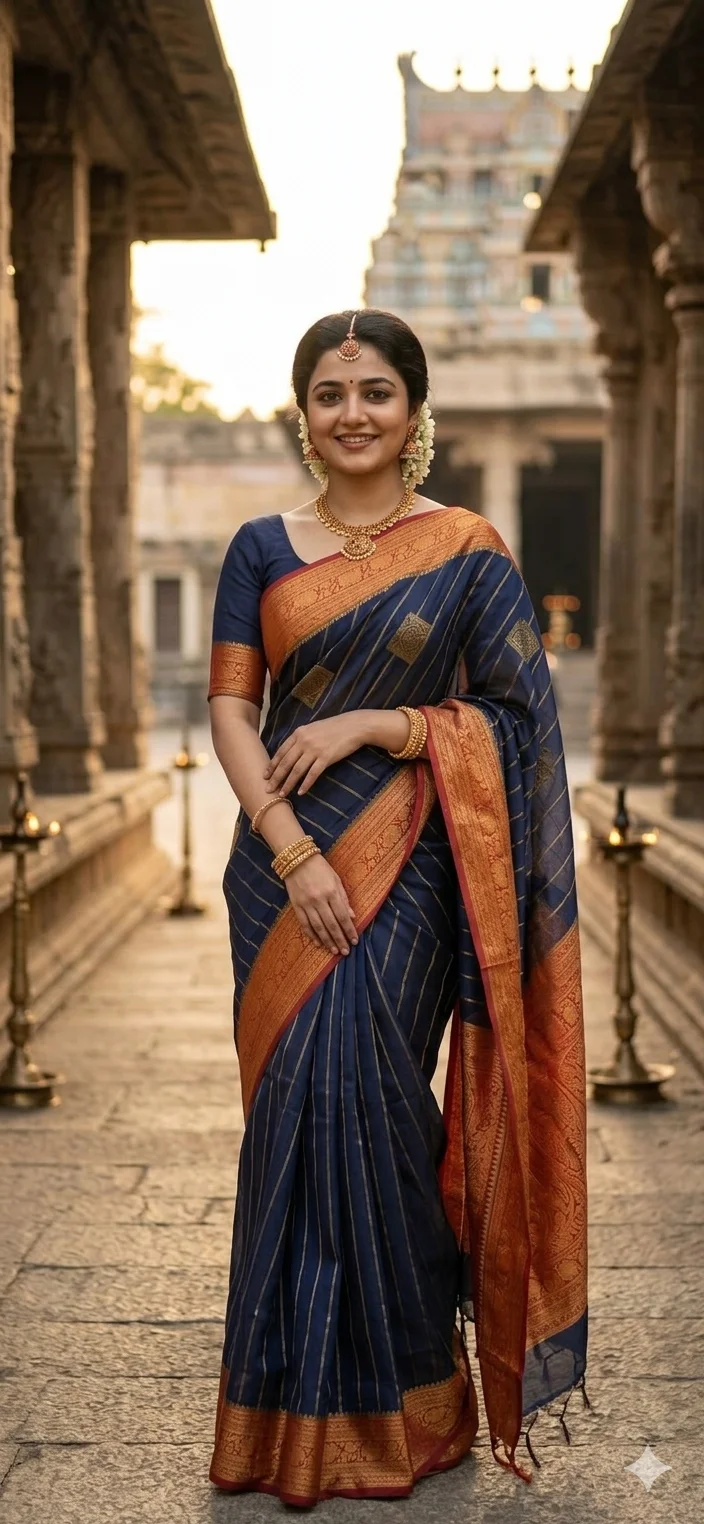 Navy Blue Chanderi Silk Saree with Copper Zari Border and Diagonal Striped Pattern - Image 2
