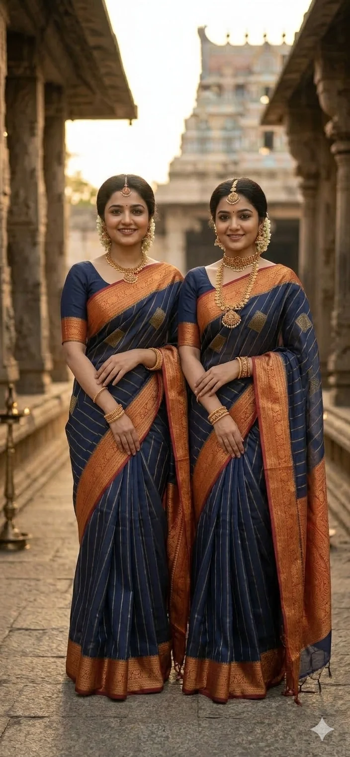 Navy Blue Chanderi Silk Saree with Copper Zari Border and Diagonal Striped Pattern - Image 4