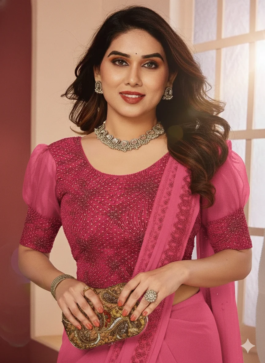 Rani Pink Embroidered Stretchable Blouse with Puff Sleeves and Intricate Beadwork