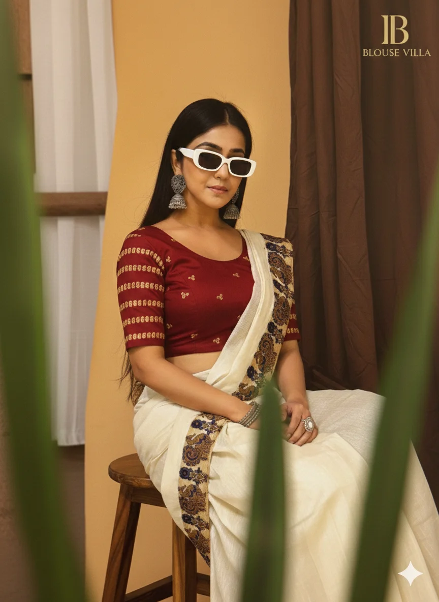 Maroon Stretchable Blouse with Gold Sequin Horizontal Stripes and Small Floral Butis