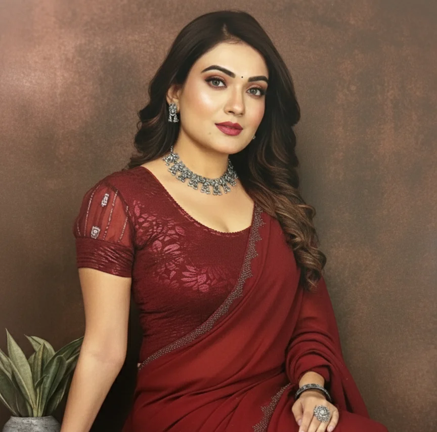  Maroon Stretchable Blouse with Sheer Net Puff Sleeves