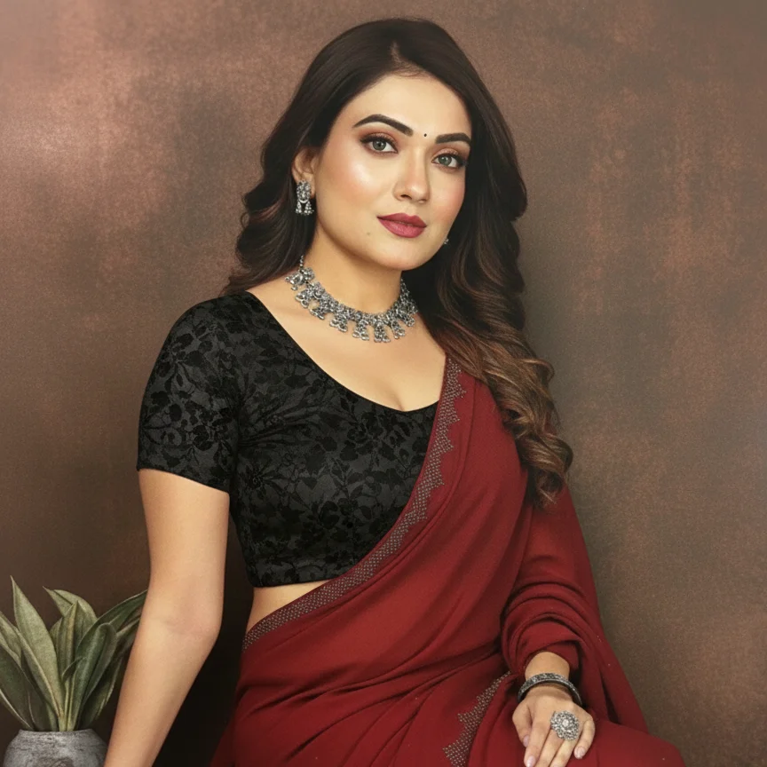 Black Stretchable Blouse with Sheer Net Puff Sleeves.