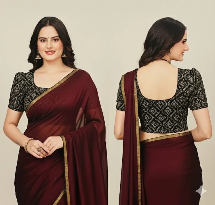 Black Ajrakh Print Cotton Blouse with Puff Sleeves and Deep U-Back