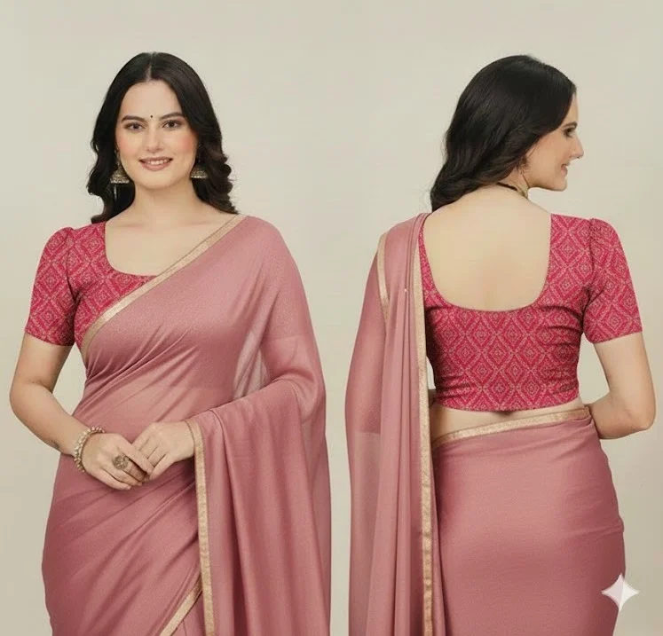 Pink Geometric Ajrakh Print Cotton Blouse with Puff Sleeves and Deep U-Back