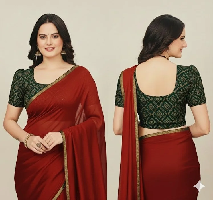 Forest Green Geometric Ajrakh Print Cotton Blouse with Puff Sleeves and Deep U-Back