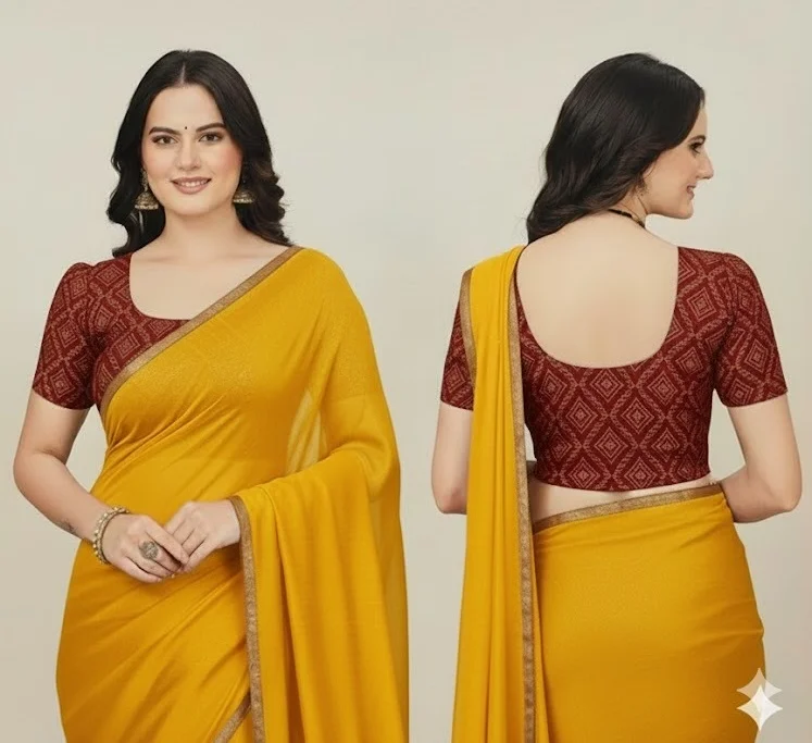 Mustard Yellow Geometric Ajrakh Print Cotton Blouse with Puff Sleeves and Deep U-Back