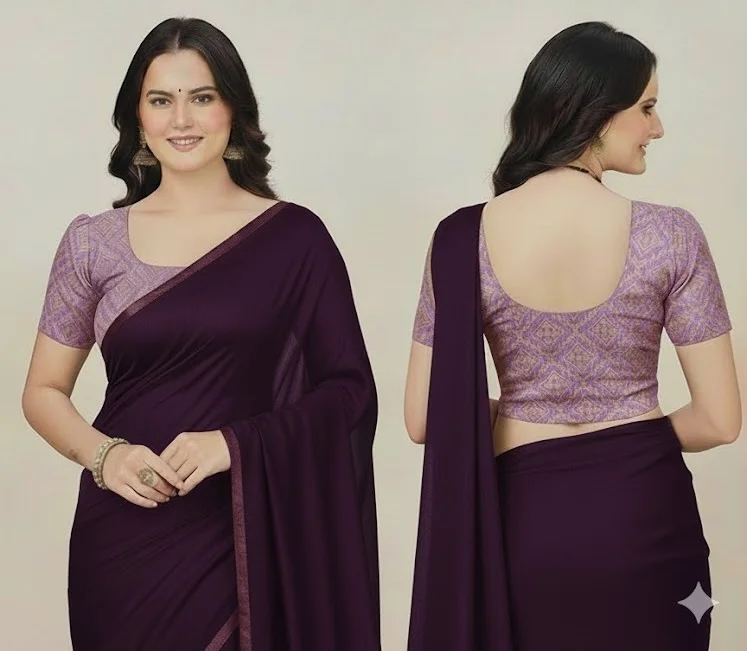  Lavender Geometric Ajrakh Print Cotton Blouse with Puff Sleeves and Deep U-Back