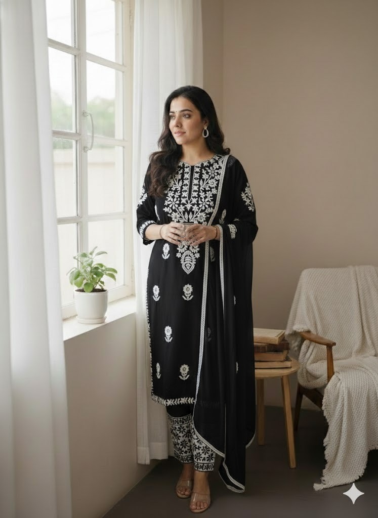 Black color Rayon Mix Chikankari Kurta 3-Piece Set 