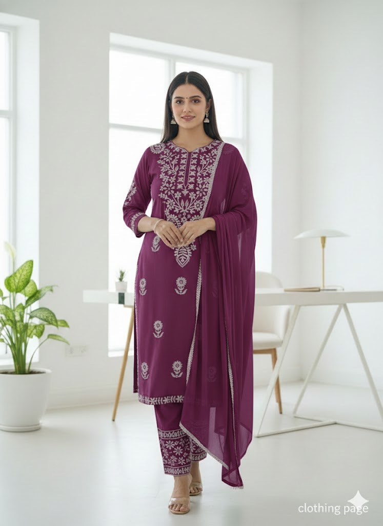 Onion color Rayon Mix Chikankari Kurta 3-Piece Set 