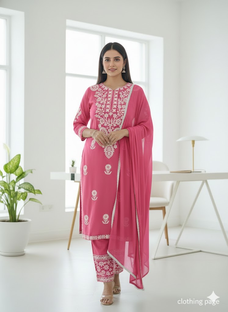 Pink color Rayon Mix Chikankari Kurta 3-Piece Set 