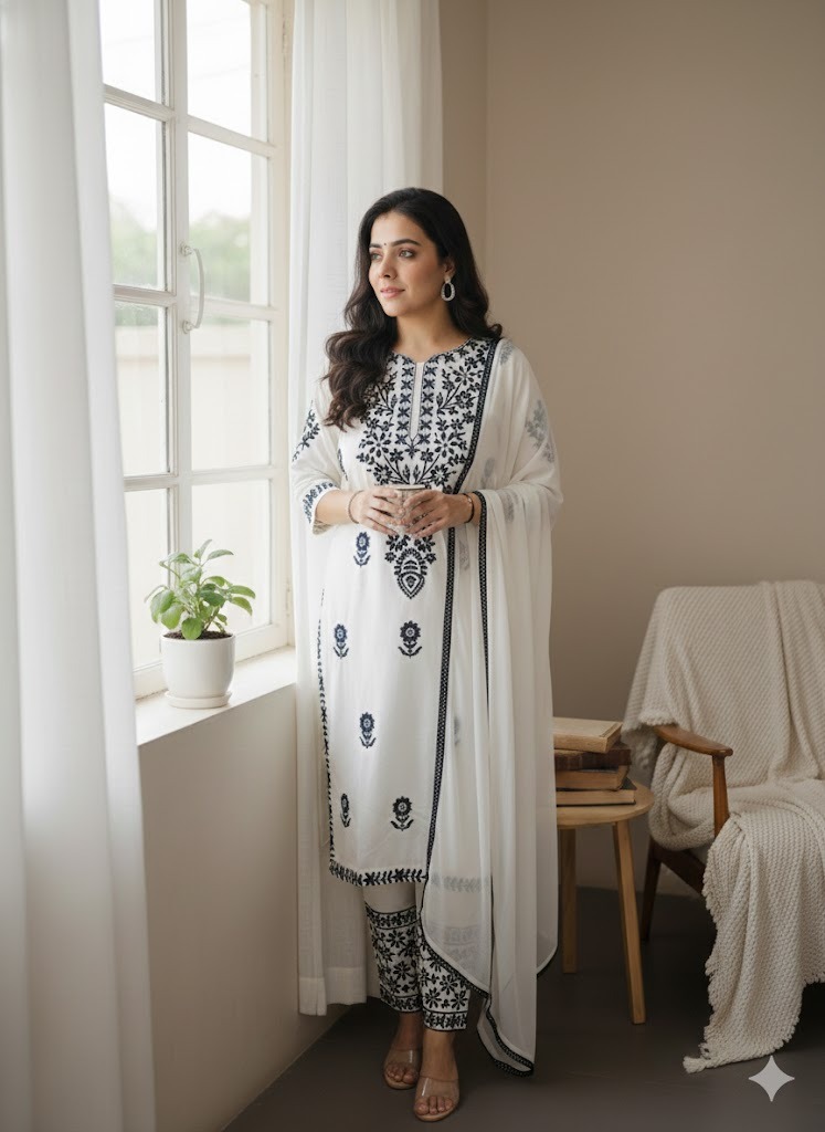 White color Rayon Mix Chikankari Kurta 3-Piece Set