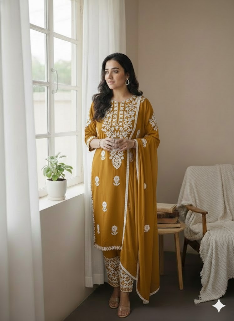 Yellow color Rayon Mix Chikankari Kurta 3-Piece Set
