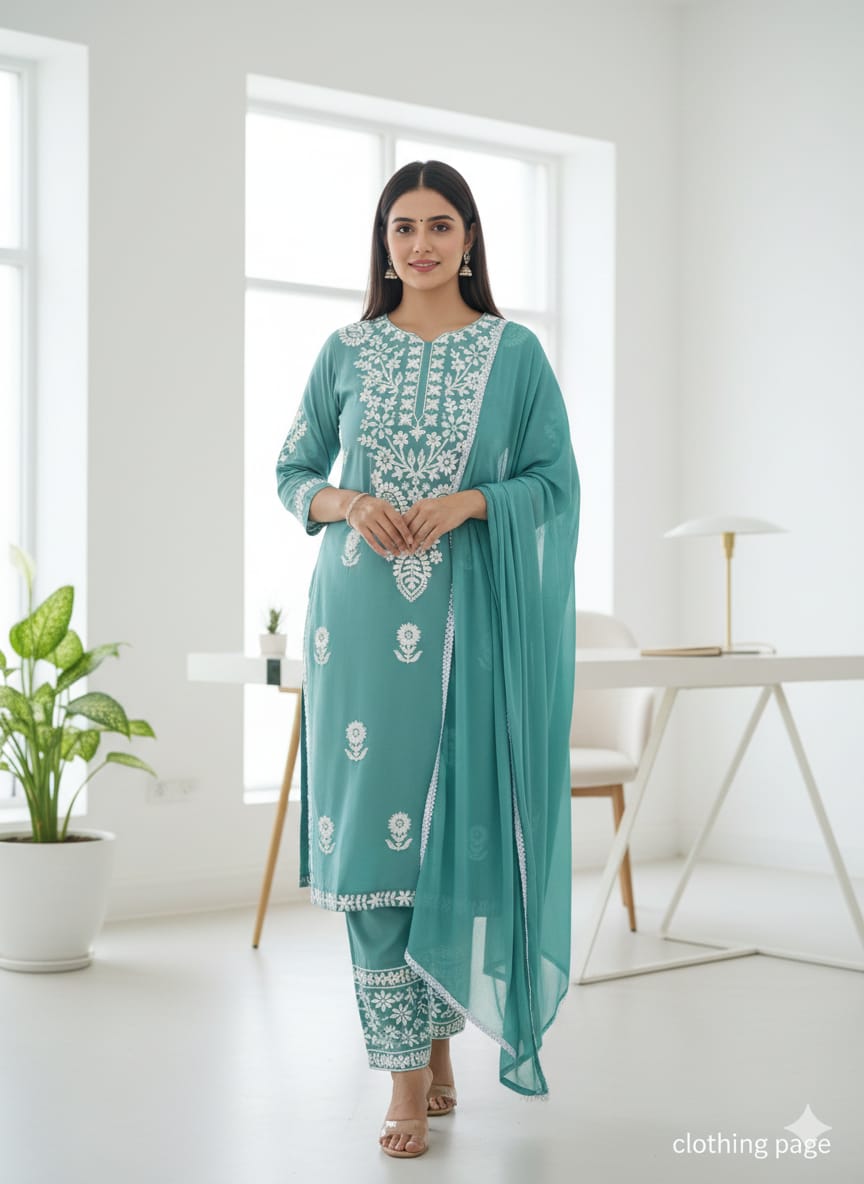 Blue color Rayon Mix Chikankari Kurta 3-Piece Set 