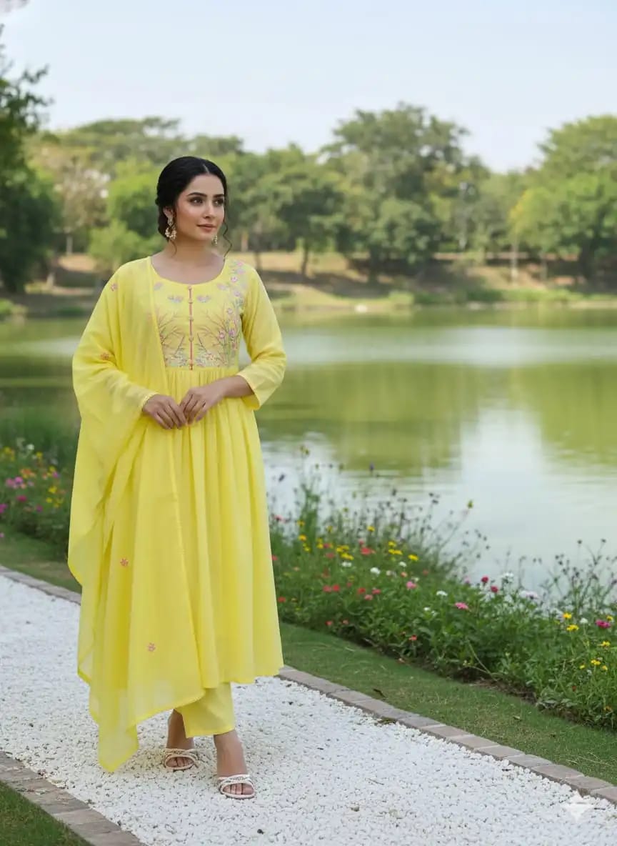 Yellow Color Mul Cotton 3 Piece Kurti set 