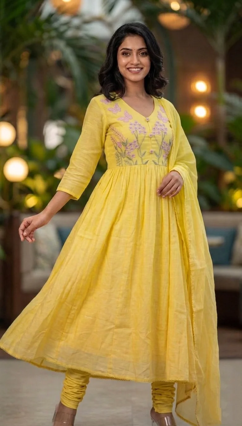 Yellow Color Mul Cotton 3 Piece Kurti set 