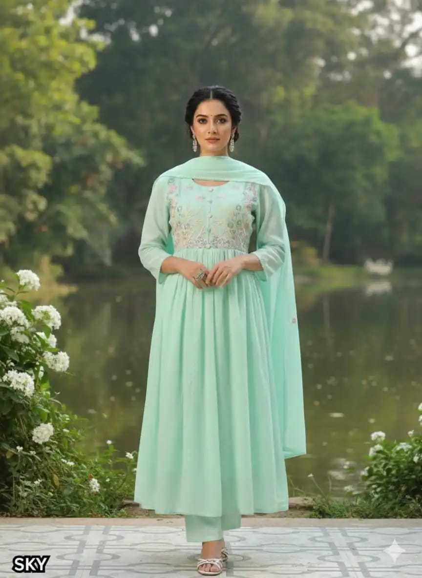 Sky Blue Color Mul Cotton 3 Piece Kurti set 