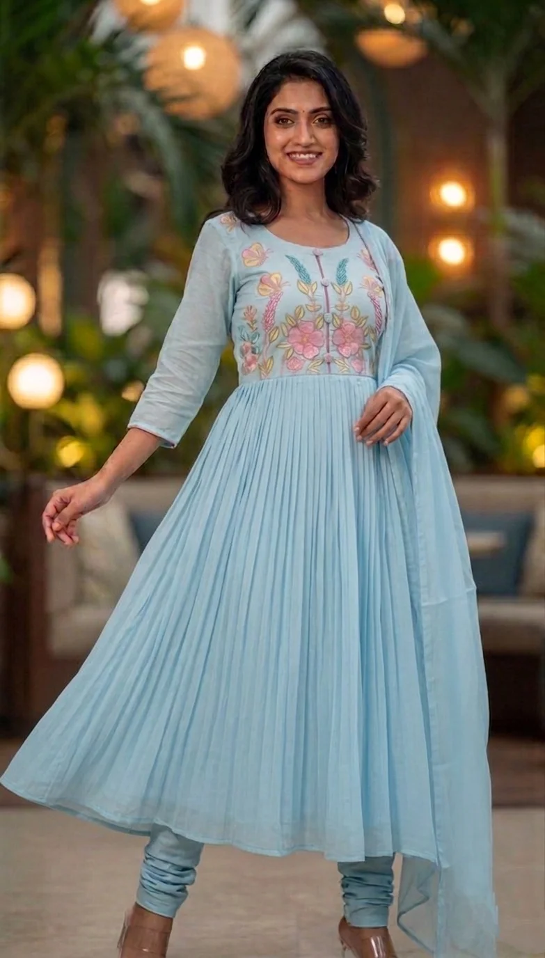 Sky Blue Color Mul Cotton 3 Piece Kurti set 