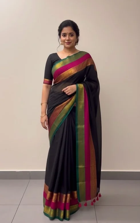 Mul Cotton Black Color saree 