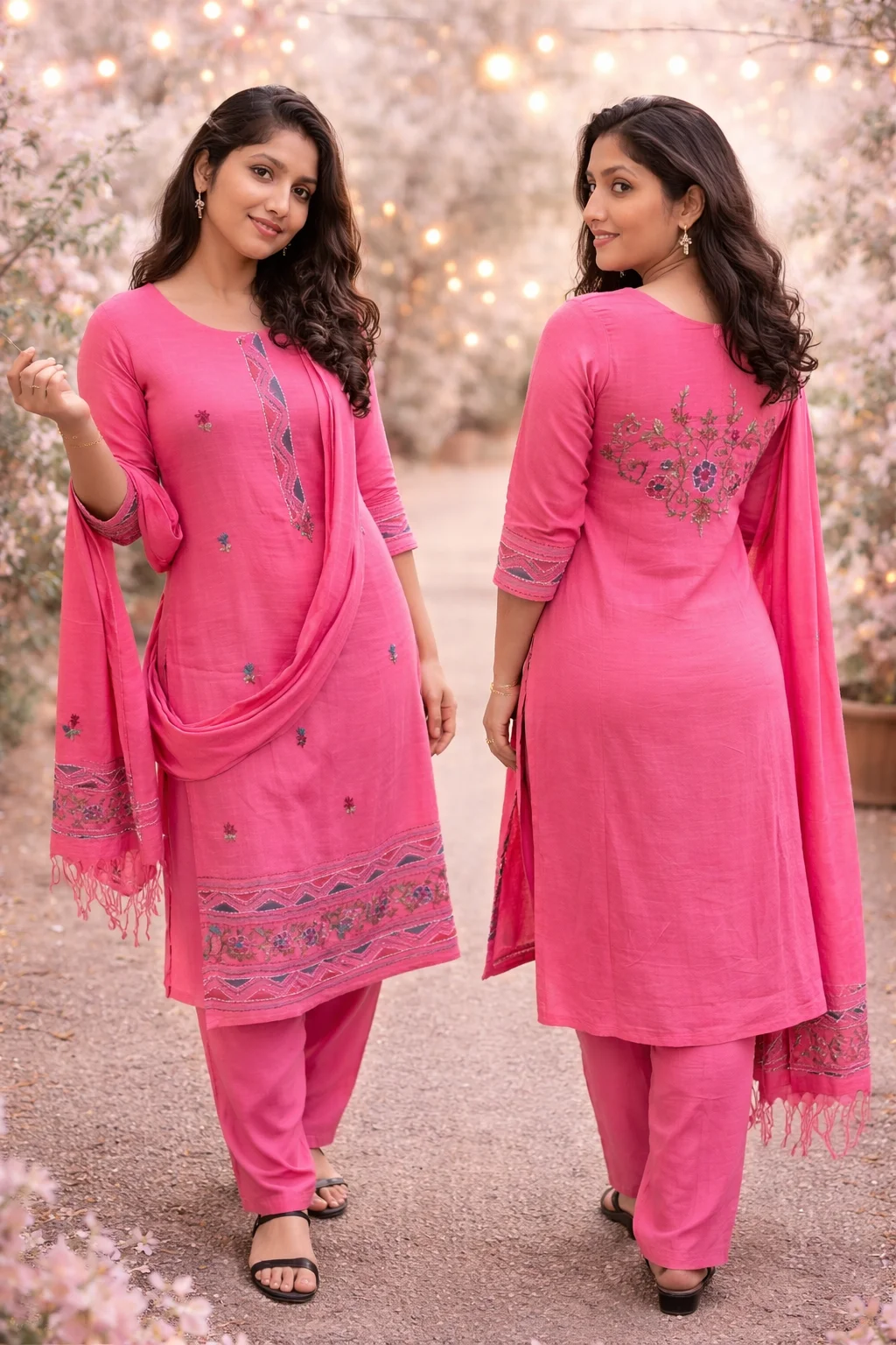 Mul chanderi churidar with khatha work 