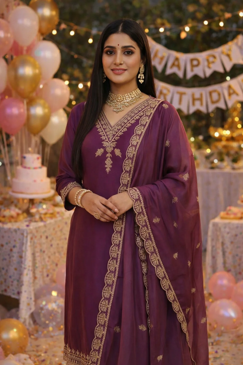 Purple Kurta with Gold Embroidered Yoke