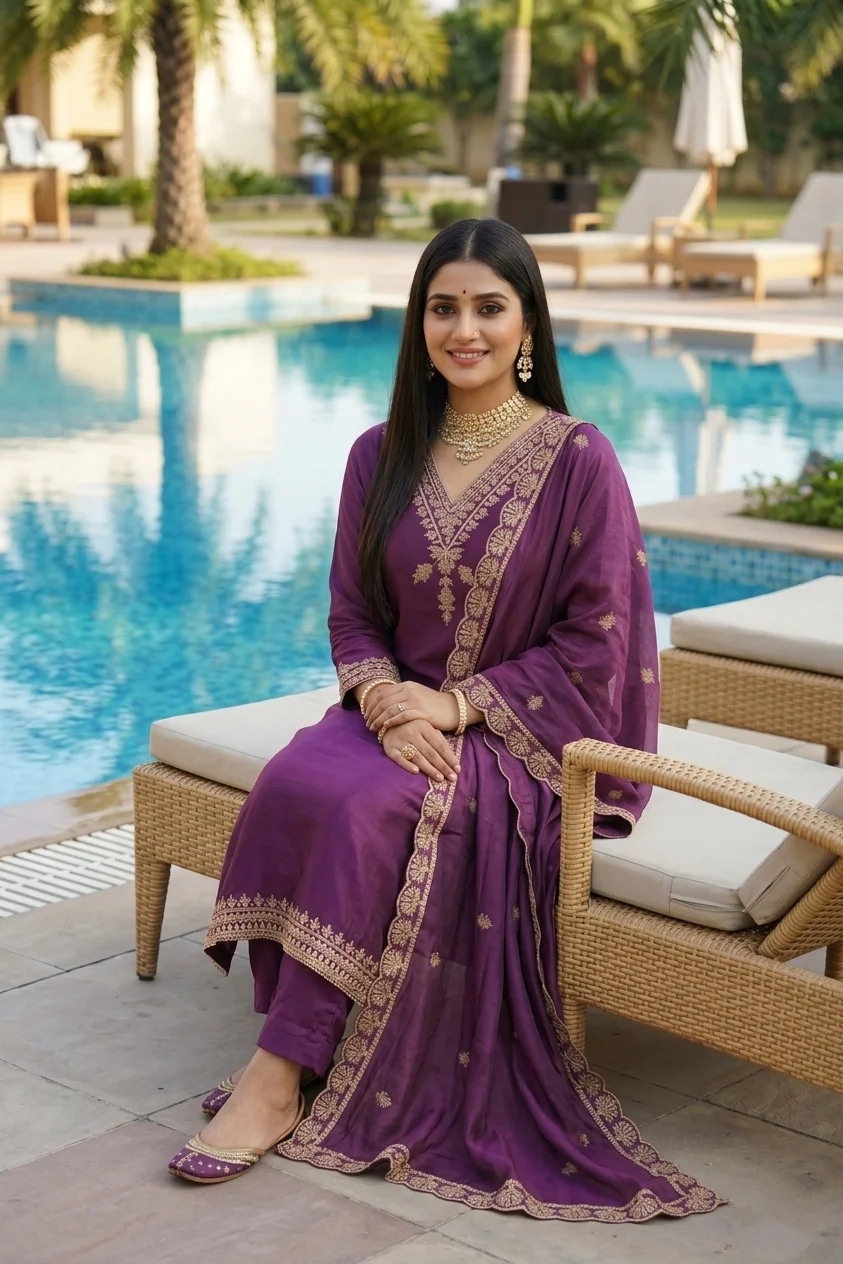 Purple Kurta with Gold Embroidered Yoke - Image 2