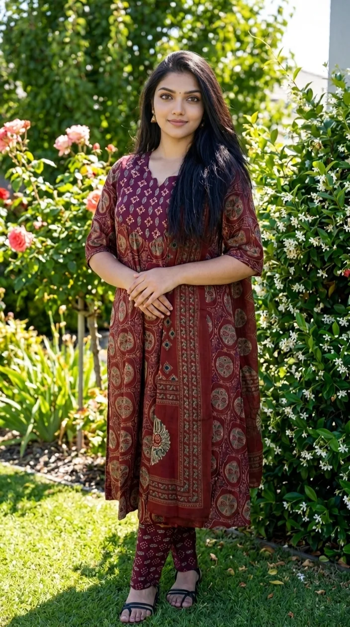 Maroon printed cotton suit