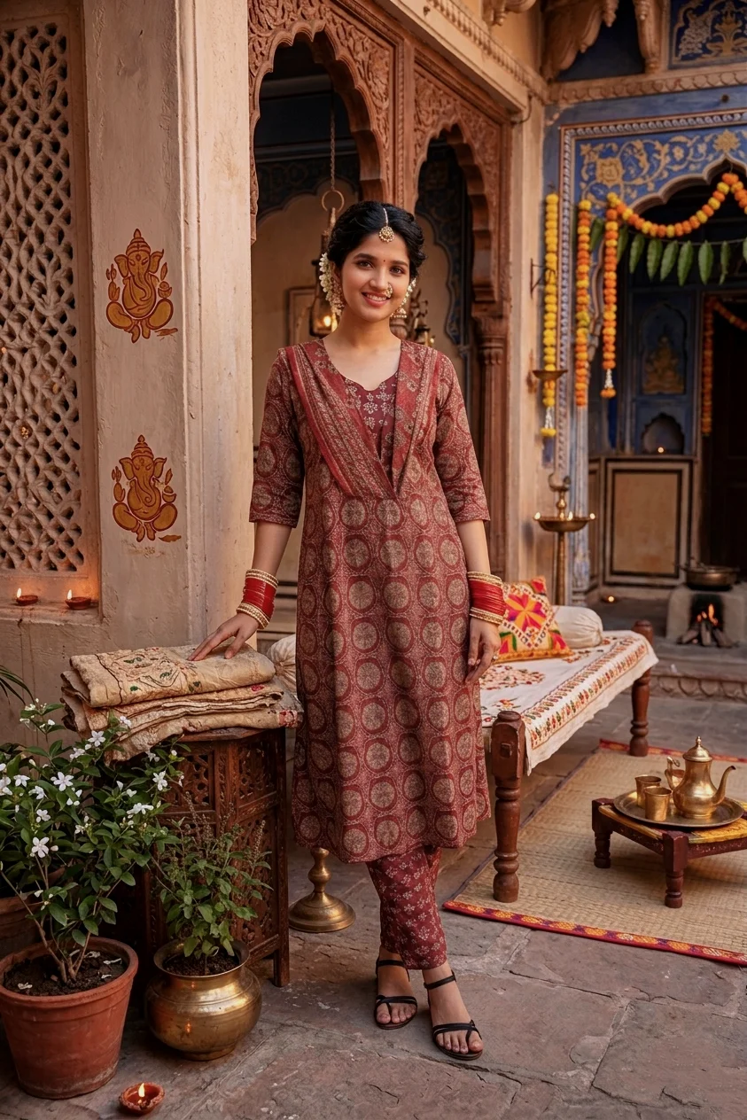 Maroon printed cotton suit - Image 2
