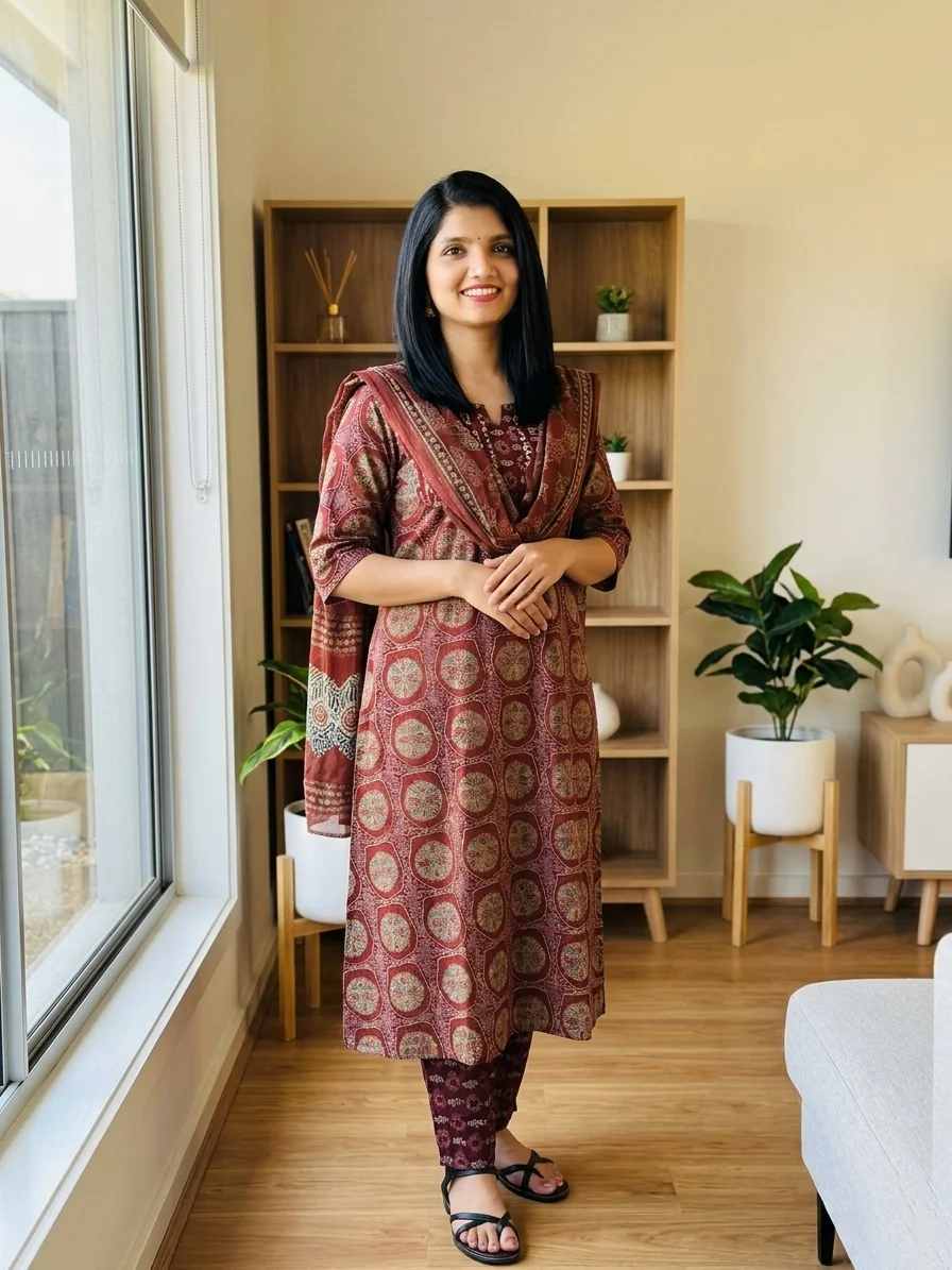 Maroon printed cotton suit - Image 3