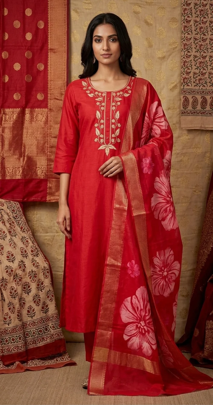 Red Anarkali Salwar Suit with Printed Dupatta