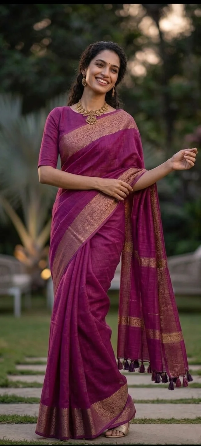 Semi-jute fabric featuring a kasavu border, paired with an elbow-sleeve blouse - Magenta colour 