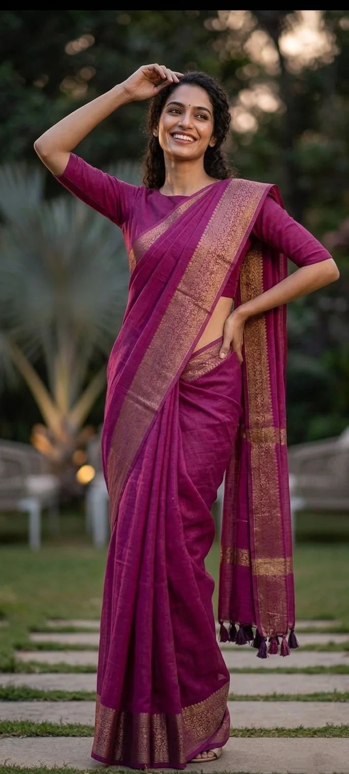 Semi-jute fabric featuring a kasavu border, paired with an elbow-sleeve blouse - Magenta colour  - Image 2