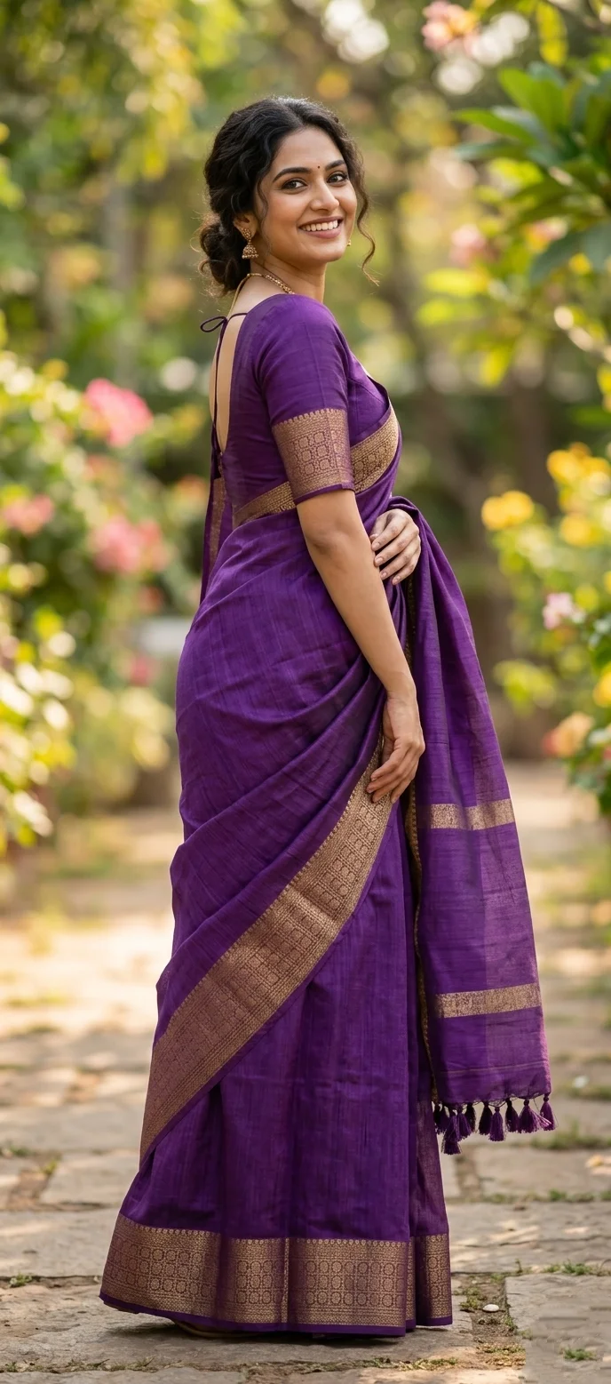 Semi-jute fabric featuring a kasavu border, paired with an elbow-sleeve blouse - Purple colour 