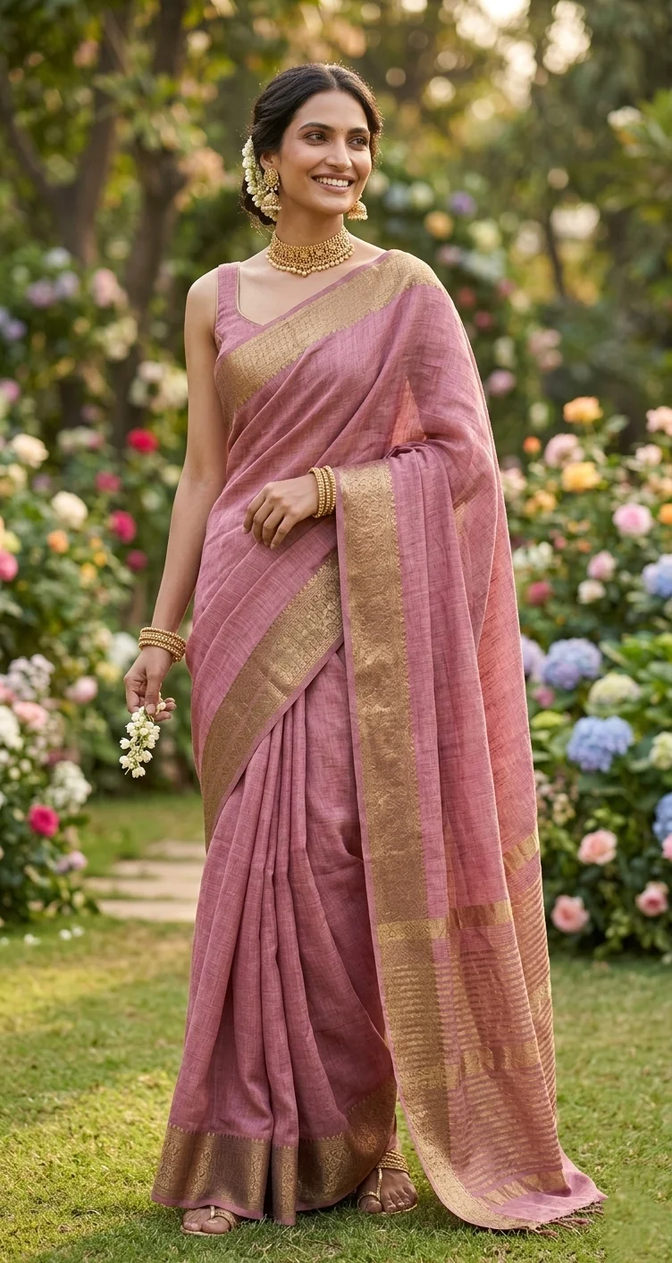 Semi-jute fabric featuring a kasavu border, paired with an elbow-sleeve blouse - Brown colour 