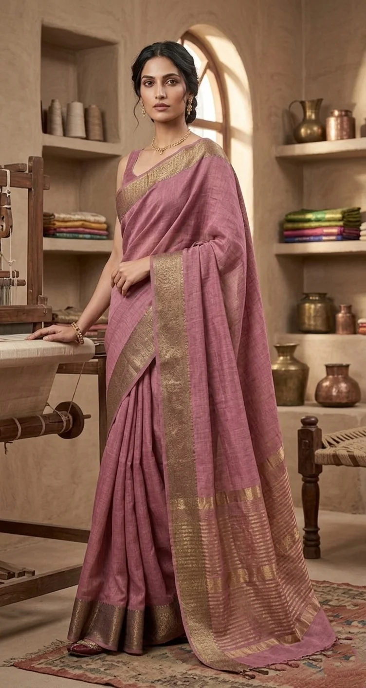 Semi-jute fabric featuring a kasavu border, paired with an elbow-sleeve blouse - Brown colour  - Image 2