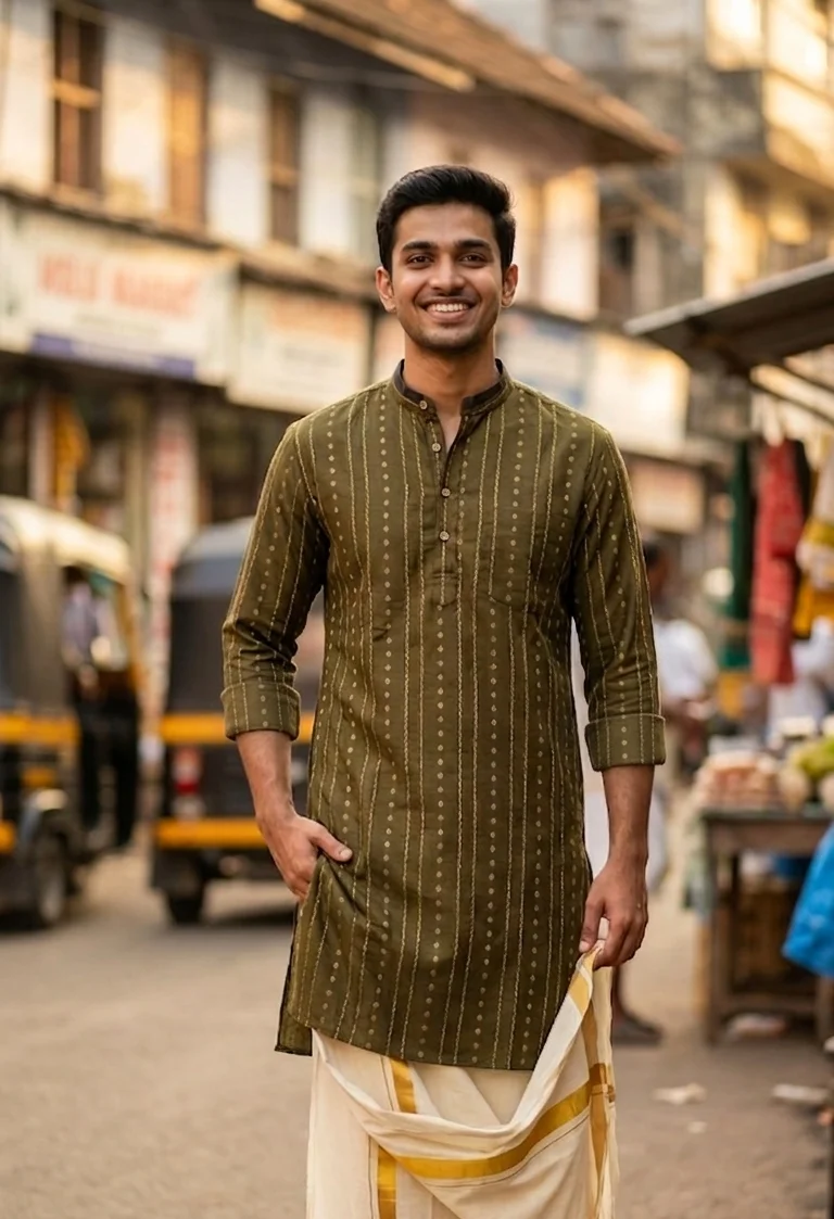 Green and Gold Striped Kurta with Diamond Motifs. Kurta only