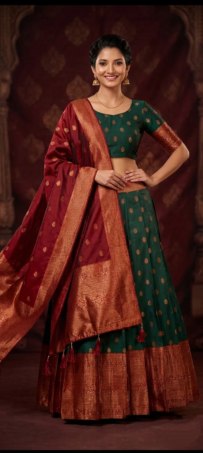 Green and meroon silk dhavani